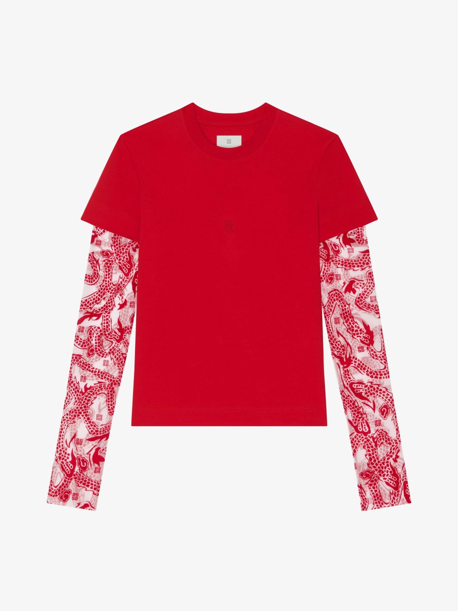 Women Givenchy T-Shirts | Overlapped T-Shirt In Cotton And 4G Dragon Tulle Vermillon