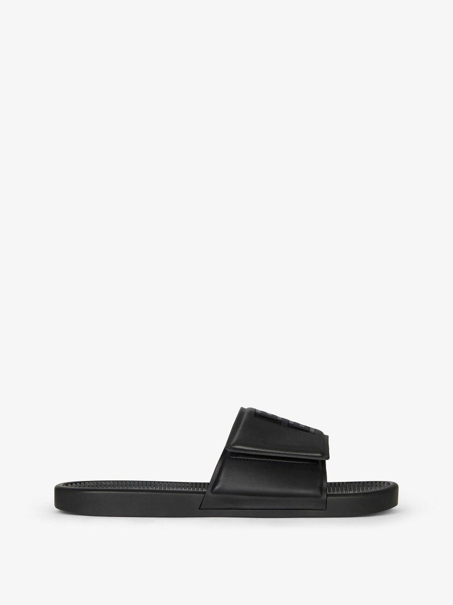 Men Givenchy Slides & Sandals | Slide Flat Sandals In Synthetic Leather Black/White