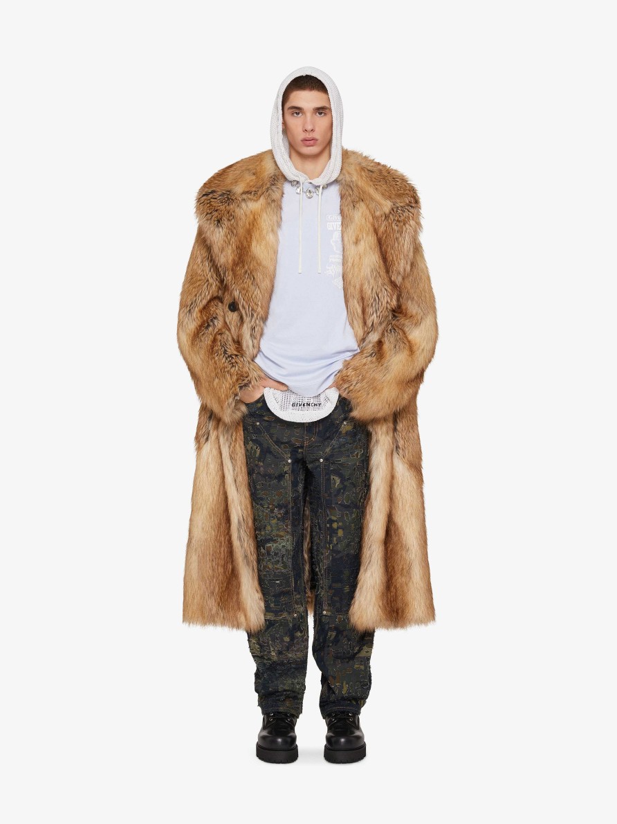 Men Givenchy Jackets & Coats | Oversized Double Breasted Coat In Faux Fur Beige/Brown