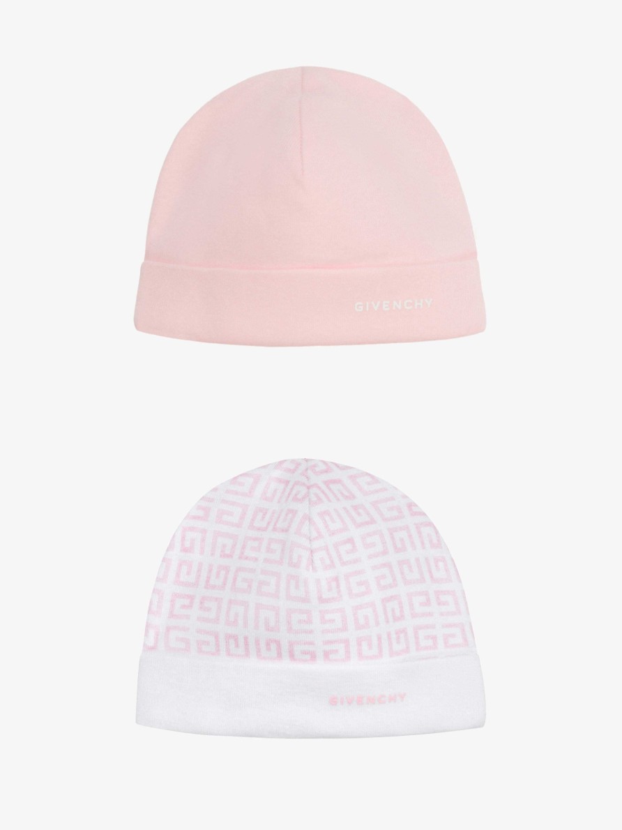 Men Givenchy Baby (1 Month To 3 Years) | Two Beanies Set In Printed Cotton Pink/White