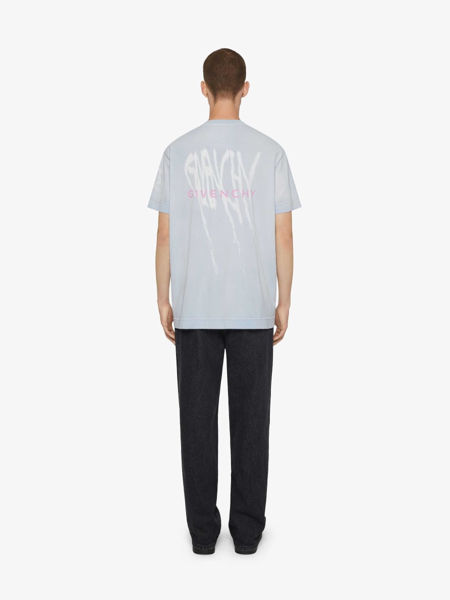 Men Givenchy T-Shirts | Oversized T-Shirt In Cotton With Givenchy Prints White/Light Blue