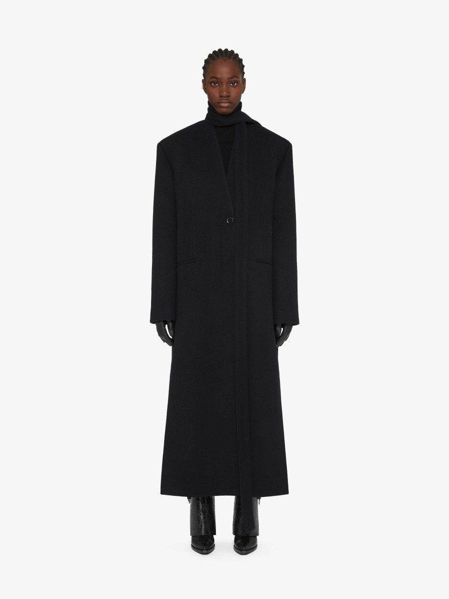 Women Givenchy Jackets & Coats | Coat In Double Face Cashmere With Scarf Black